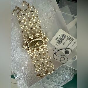CHANEL Gold and Pearl Grid Bracelet